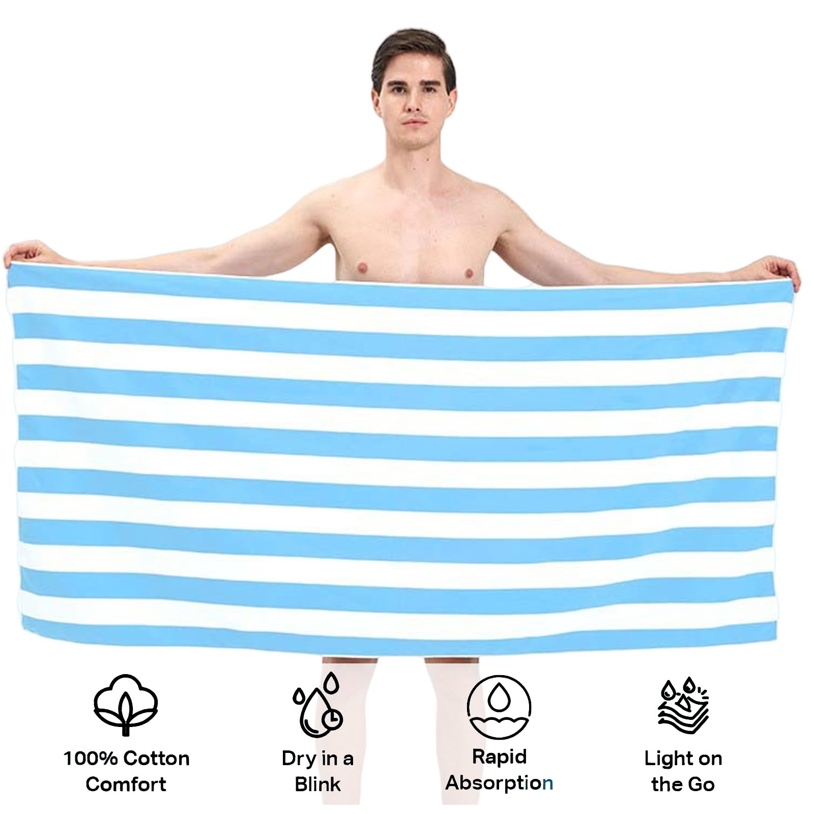 Large Quick Dry Microfibre Beach Bath Towel,Double Sides Light Blue White Striped Sand Free Beach Towel with Bag,Lightweight Gym Yoga Sports Towel,Compact Travel Summer Beach Towel for Women Men - Image 3
