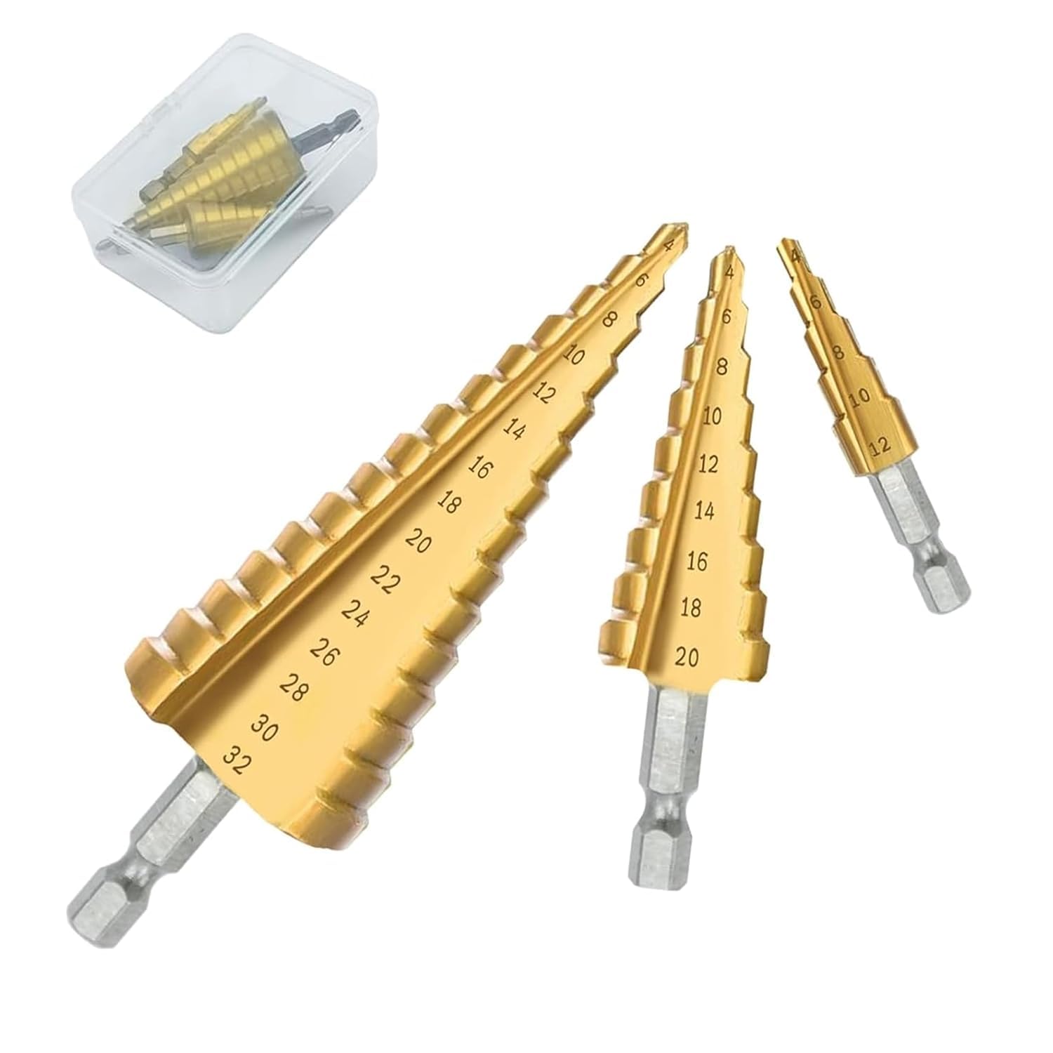 3PCS HSS Step Bits, High Speed Steel Step Drill Bits Set (4-12mm, 4-20mm and 4-32 mm) Cone Drill Bits Hole Cutter for Wood, Stainless Steel, Sheet Metal