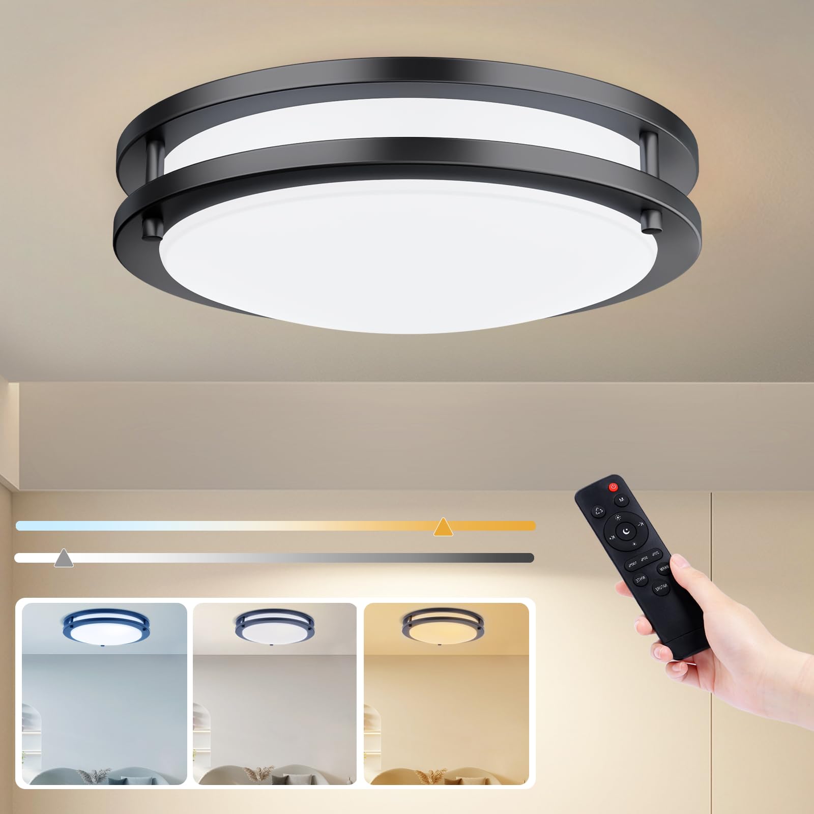 Kalium LED Ceiling Light with Remote 13 Inch Flush Mount Ceiling Light Fixture, 24W 3000K-6000K Adjustable Color Temperature, Dimmable Lighting Fixtures for Kitchen Bedroom Hardwired Installation