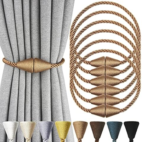Nieffeiy 6 Pack Magnetic Curtain Tiebacks Rope Modern Handmade Curtain Tie Backs Decorative Drapes Weave Holdbacks for Window Décor, Khaki Cover