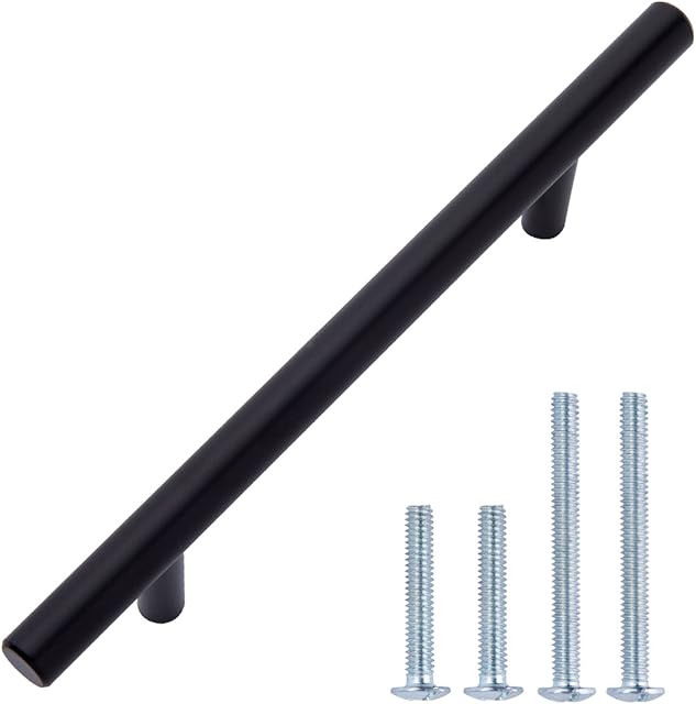 Amazon Basics Euro Bar Cabinet Handle (3/8" Diameter), 6.13" Length (3.75" Hole Center), Flat Black, 10-Pack