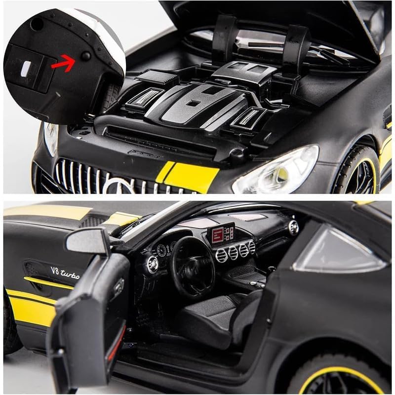 Image of Kids Model 1:24 Benz AMG GTR Die Cast Metal Car Pull Back Action Opening Doors with Realistic Engine Sound Lights Toy Car Gift for Boys - Yellow