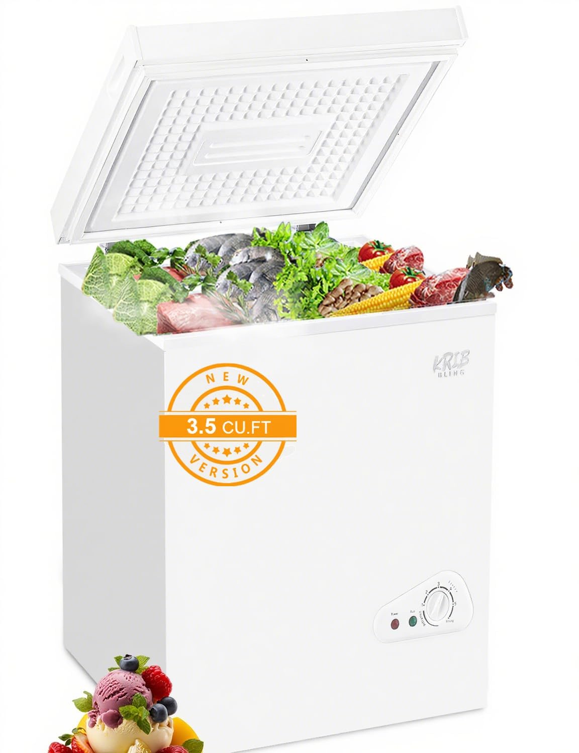 Congelador horizontal compacto con mini congelador superior, control de temperatura de 7 velocidades, puerta abierta y cesta de almacenamiento extraíble, 3,5 pies cúbicos, blanco