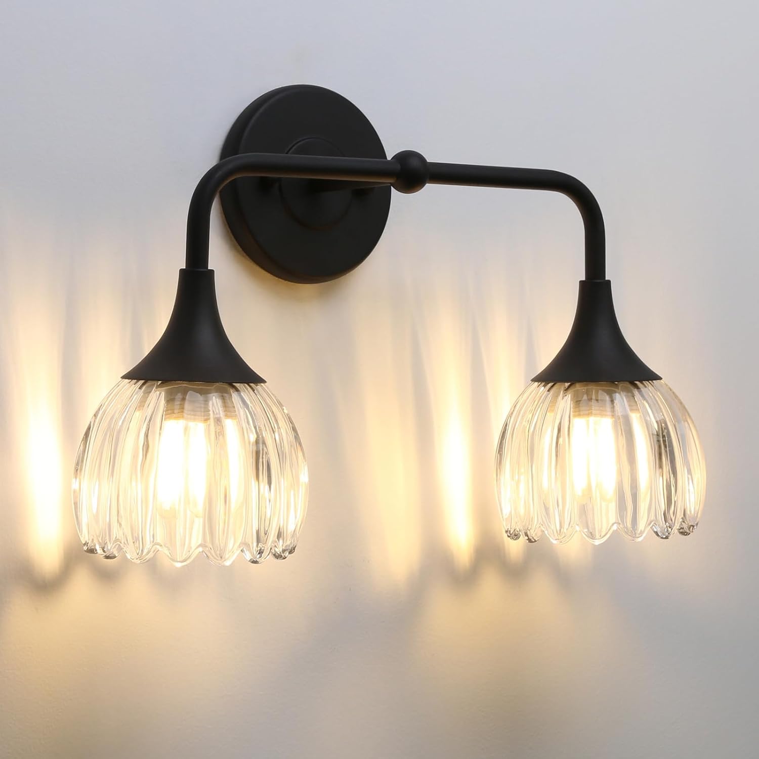 Phansthy Bathroom Vanity Light Fixtures, Hardwired 2-Light Modern Sconces Wall Light Over Mirror with Clear Tulip Glass Shade for Bedroom Living Room Hallway Kitchen (Black + Clear Shade)