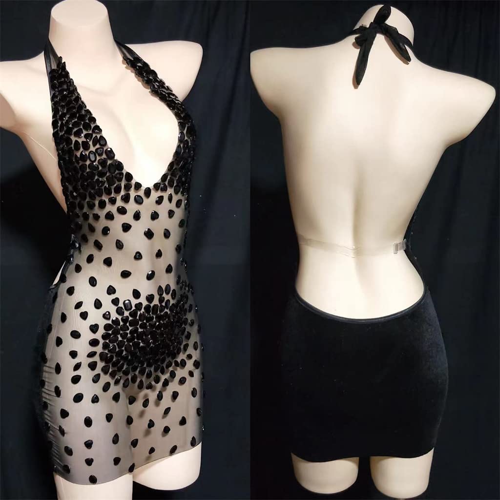 YYDS Vestido corto transparente con pedrería, vestido de baile de mujer con cuello de barco, sin espalda, vestido de noche