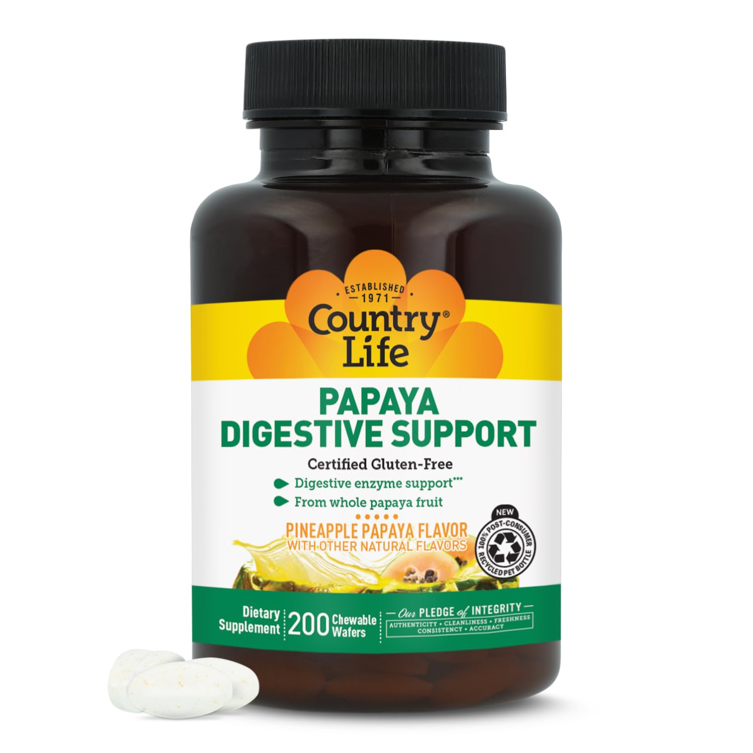 Country Life Papaya Digestive Support, 200 Chewable Wafers Papaya Pineapple 200 Count (Pack of 1)
