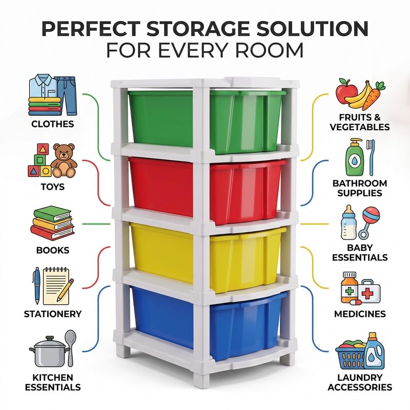 Image of Kavira Plastic Drawer Storage Tower - Space Organizer|Multi,4 Layer
