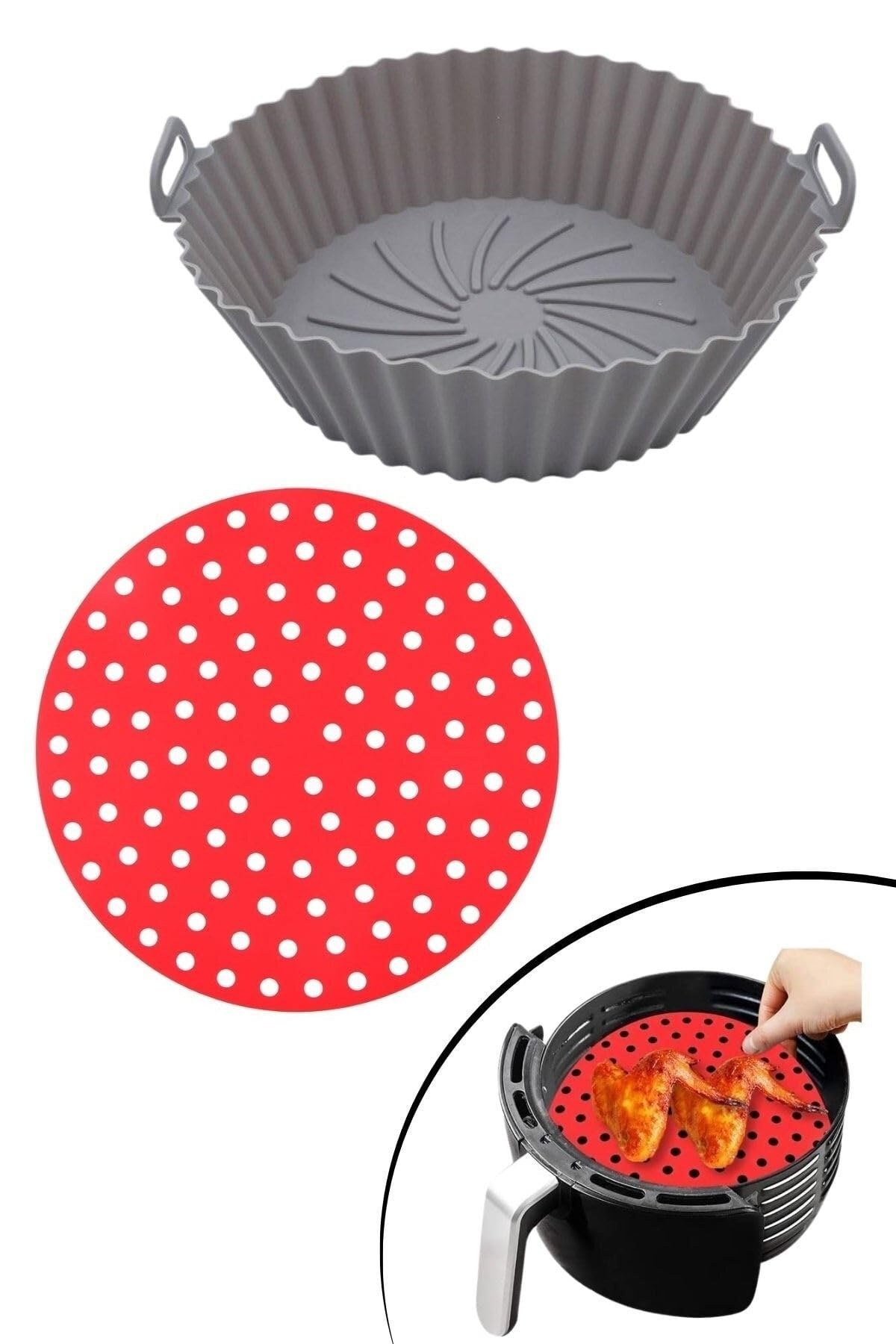 Buffer Kırmızı Silikon Fırın Ve Airfryer Yuvarlak Model Pişirme Matı 20 Cm Ve Silikon Airfyer Matı