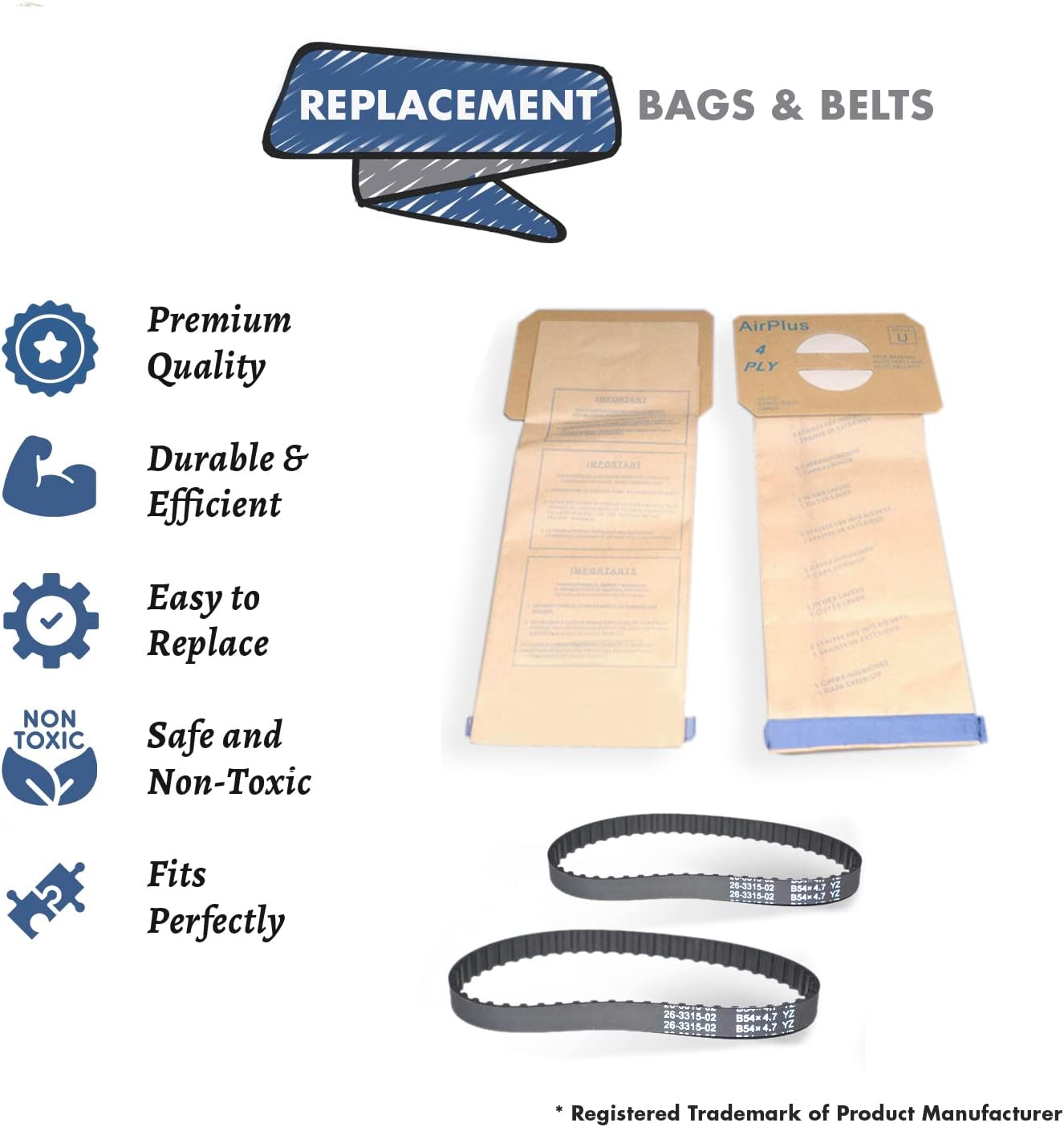 Replacement Part For Electrolux Vacuum 50 Bags With 2 Belt For Models Prolux, Discovery, Genesis