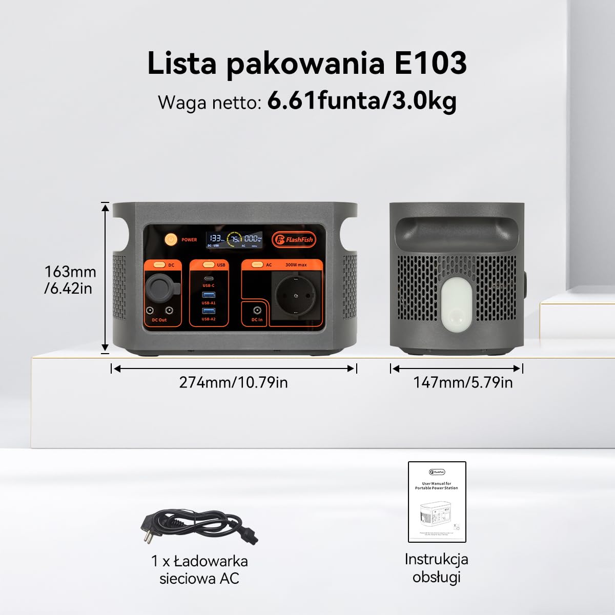 Flashfish Przenośna Elektrownia,Akumulator LiFePO4 179 Wh, Generator Słoneczny o Mocy Wyjściowej 300 W AC (moc szczytowa 600 W), UPS, Pełne Ładowanie w 70 Minut,Bateria Zapasowa do Domu i na Kemping