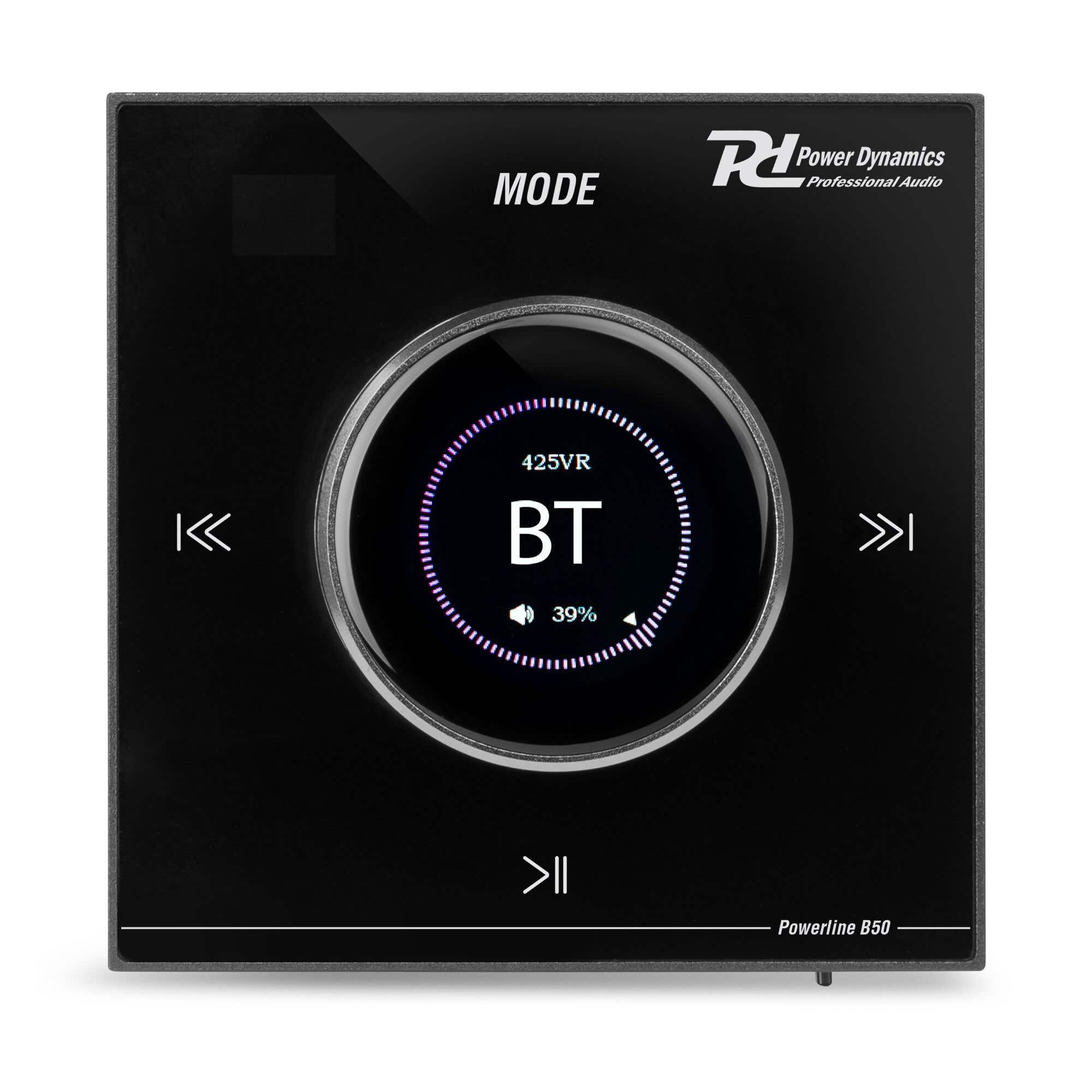 Power Dynamics Powerline B50B Einbau Wand Stereo Verstärker, Audio Verstärker Bluetooth Unterputz-Einbau System mit 50W, Touchscreen, Bluetooth 5.0, USB/SD, AUX & FM-Radio, Fernbedienung, Schwarz