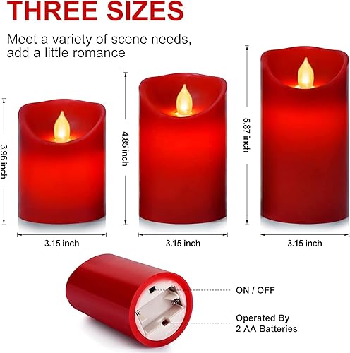Miniatura 5 de Velas parpadeantes sin llama paquete de 3 velas de pilar de cera real roja, vela LED eléctrica con control remoto de 10 teclas y temporizador de 24