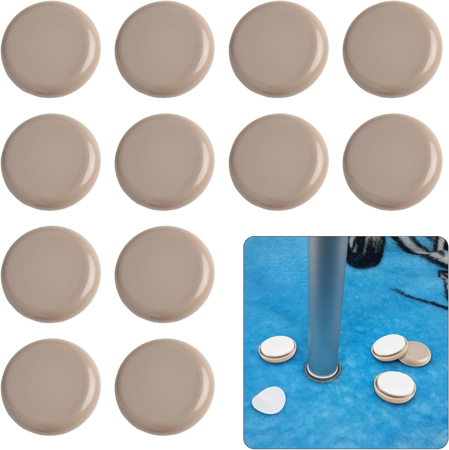 12-Pack 50mm Furniture Sliders for Heavy Chairs and Tables, Silent Gliding Foot Pads toFloor Scratches on Hardwood and Carpet, Strong Adhesion Plastic Glide Discs for Home and Office