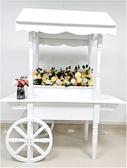 6.5ft Tall White Candy Cart on Wheels for Weddings and Parties Decorated Wood Sweet Cart for Candy and Dessert Display