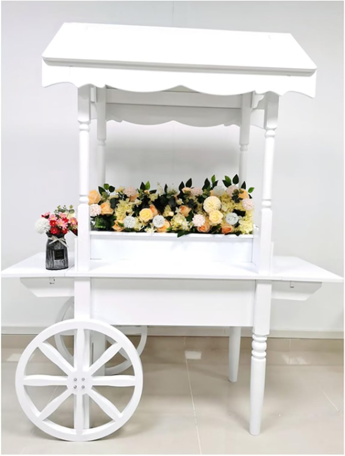 6.5ft Tall White Candy Cart on Wheels for Weddings and Parties Decorated Wood Sweet Cart for Candy and Dessert Display