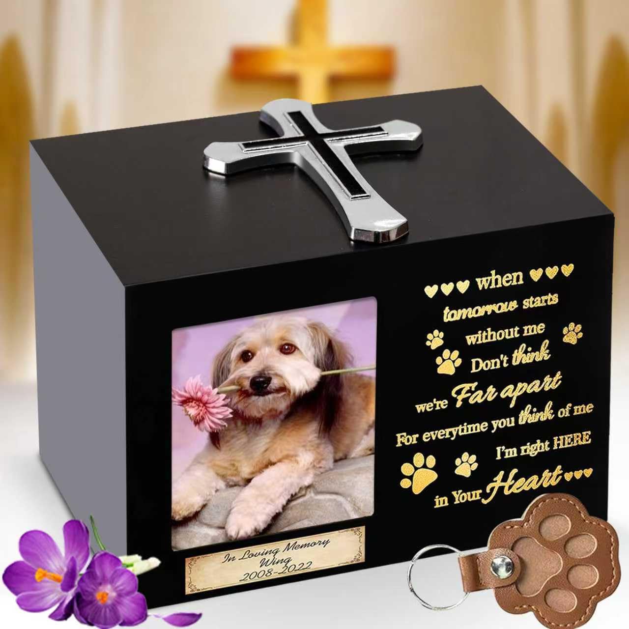 Sobotoo Personalized Wooden Pet Urn for Dogs Cats Up to 90 Lbs, Handcrafted Cremation Ashes Box with Photo Frame, Christian Cross, Fur Keychain & Sympathy Poem, Memorial Gift for Small Medium Pets