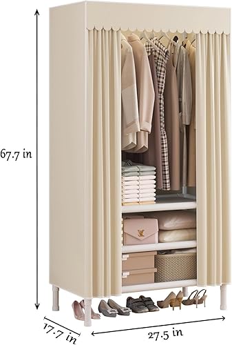 Vista 3 de Armario portátil, perchero resistente con funda, armario con 1 varillas para colgar, 2 estantes de almacenamiento, 27.5 pulgadas de largo x 17.7