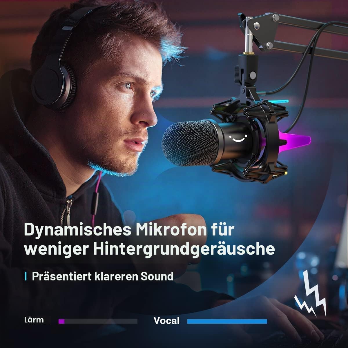FIFINE Gaming Mikrofon PC mit Arm, 8 RGB Steuerungsmodi USB Microphone für MAC PS4 PS5, Dynamisches Microfon mit Mikrofonarm, Stummschalttaste, Shock Mount