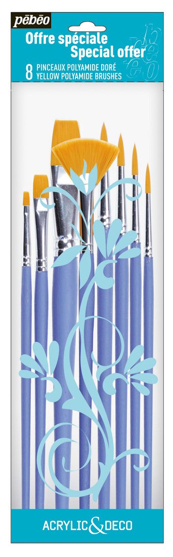 Pebeo 10 Pack 8 Brush Yellow Poly Assorted Set – Durable Synthetic Brushes for Acrylic, Oil & Watercolor Painting