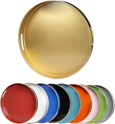 Bandeja decorativa redonda dorada con asas, bandeja de café elegante de 13 pulgadas para sala de estar otomana, baño, al aire libre, desayuno