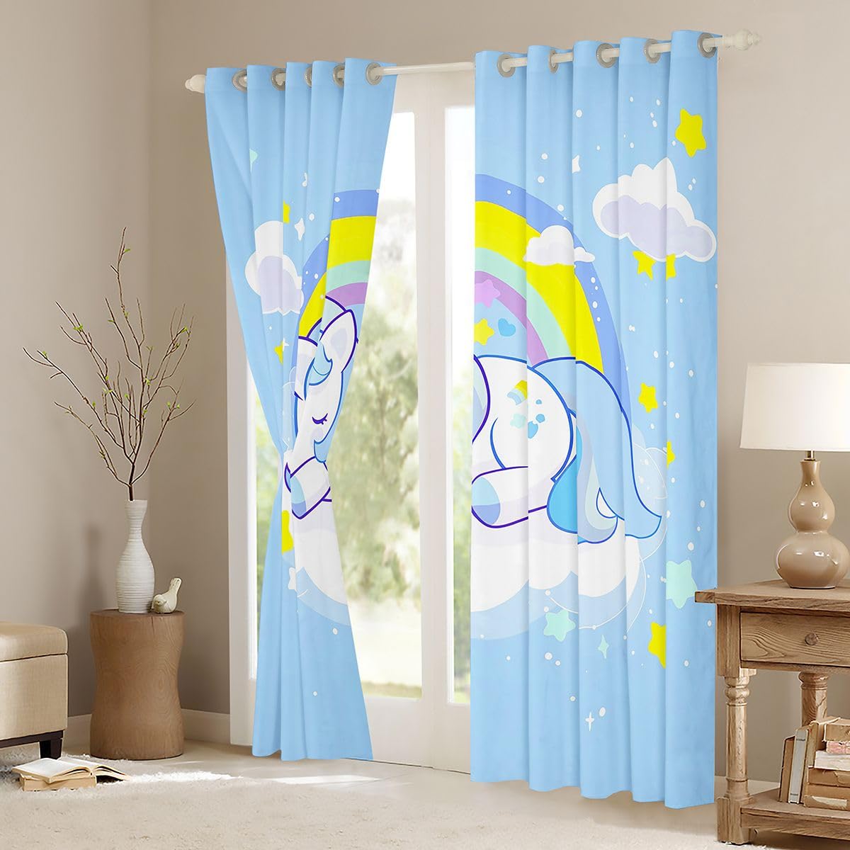 Beau rideau de fenêtre licorne pour chambre à coucher, taille L étoile jaune blanc scintillant nuage arc-en-ciel sucettes impression ombre décoration de la maison cheval bleu mignon rideaux de fenêtre