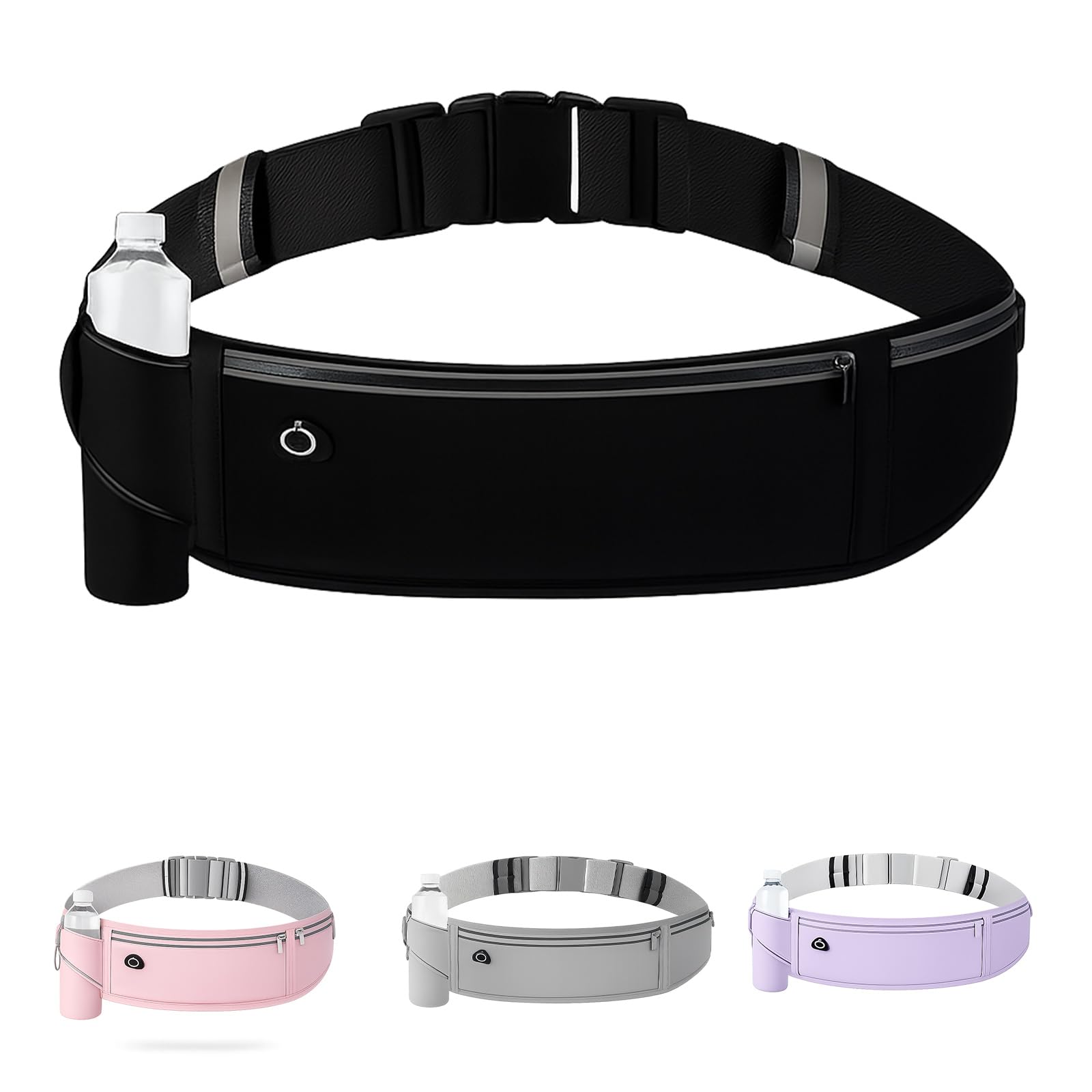 Running Belt with Water Bottle Holder, Reflective, Water-Resistant, Black