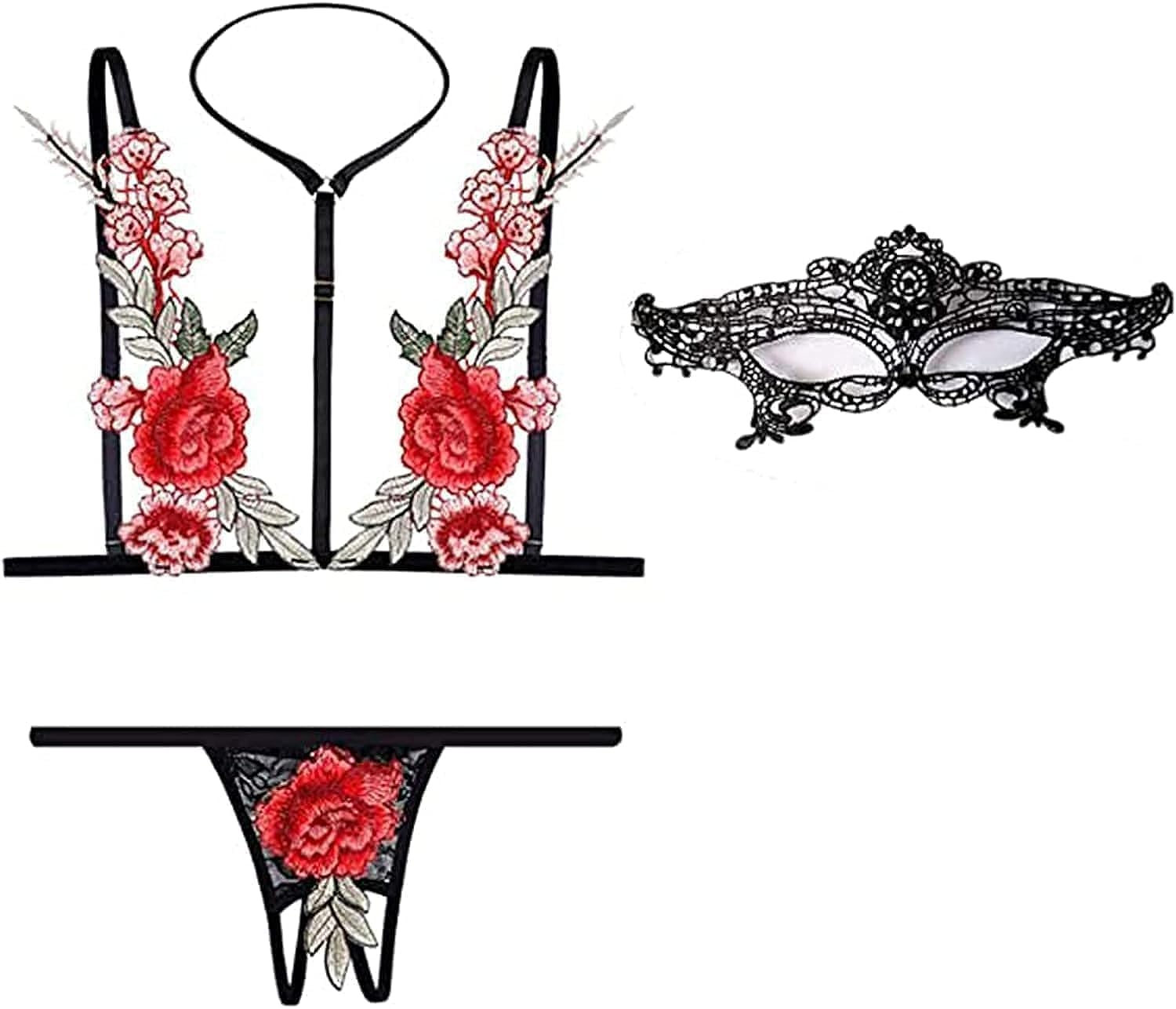 Ebu Women Floral Strappy Lingerie Set with Black Lace mask,Cut Out Crisscross Push Up Bra and Panty Underwear 3 Pieces Sets