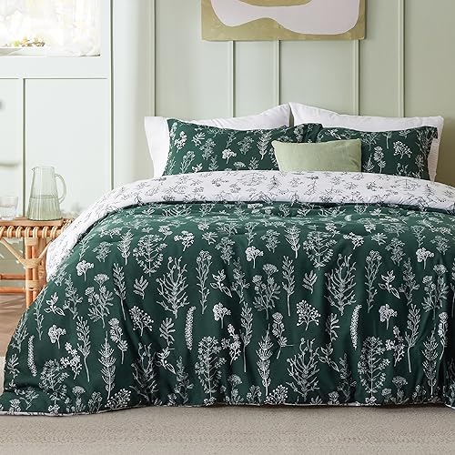 Image of Bedsure King Comforter Set - Dark Green Bed Set, 3 Pieces Cute Floral Bedding, 1 Soft Reversible Botanical Flowers Comforter and 2 Pillow Shams