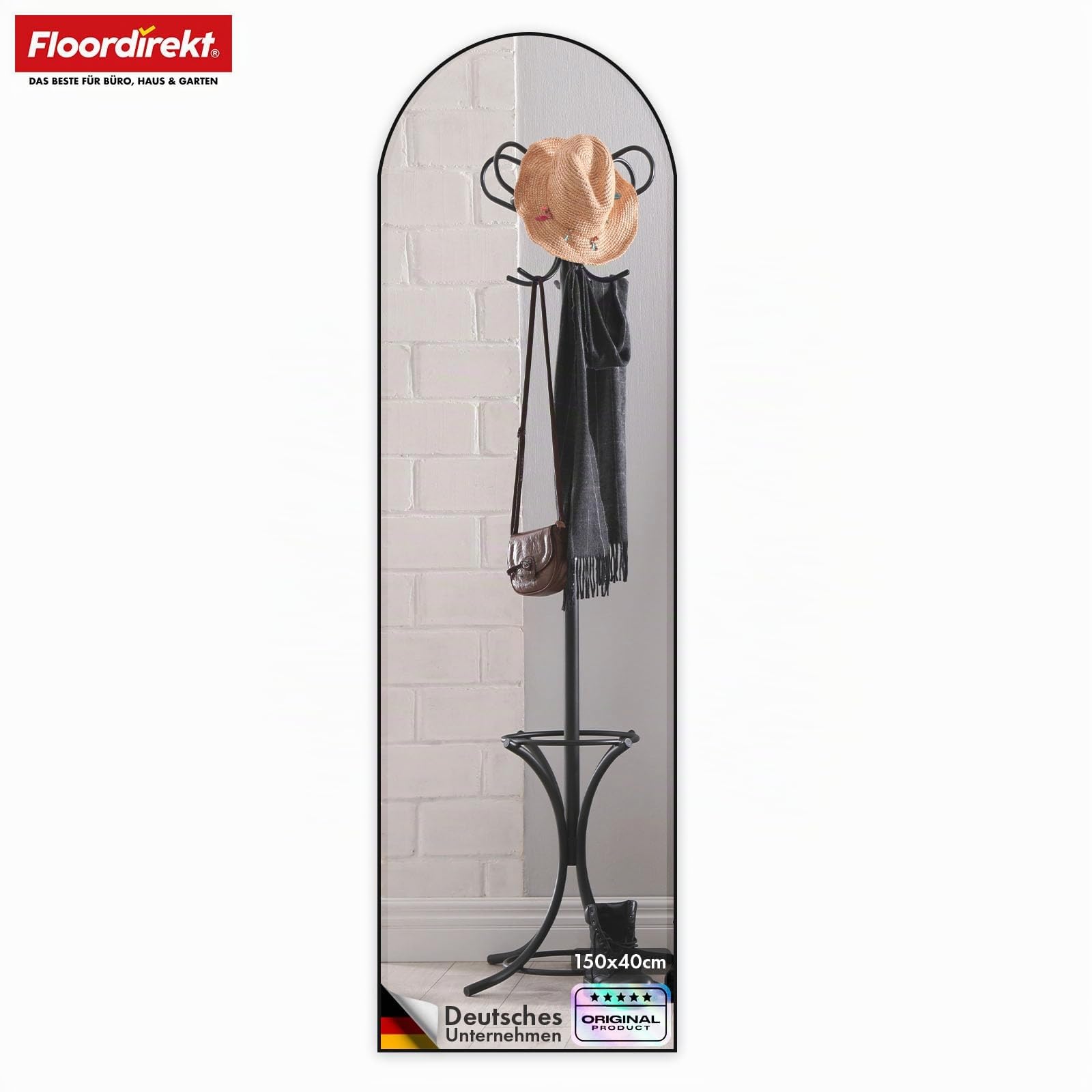 Floordirekt Specchio intero da 150 x 40 cm, specchio curvo, telaio in lega di alluminio, vetro temperato, per camera da letto, soggiorno, guardaroba, nero Madison