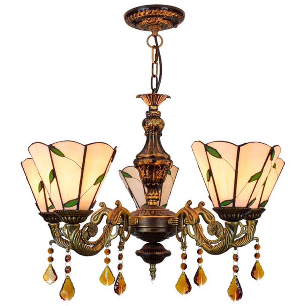 FYZDLAOR Leaf Pattern 5-Light Chandelier,Adjustable Pendant Light Light Fixtures,Tiffanystyle Stained Glass Hanging Light Wide 24 Inch with Crystal Pendant