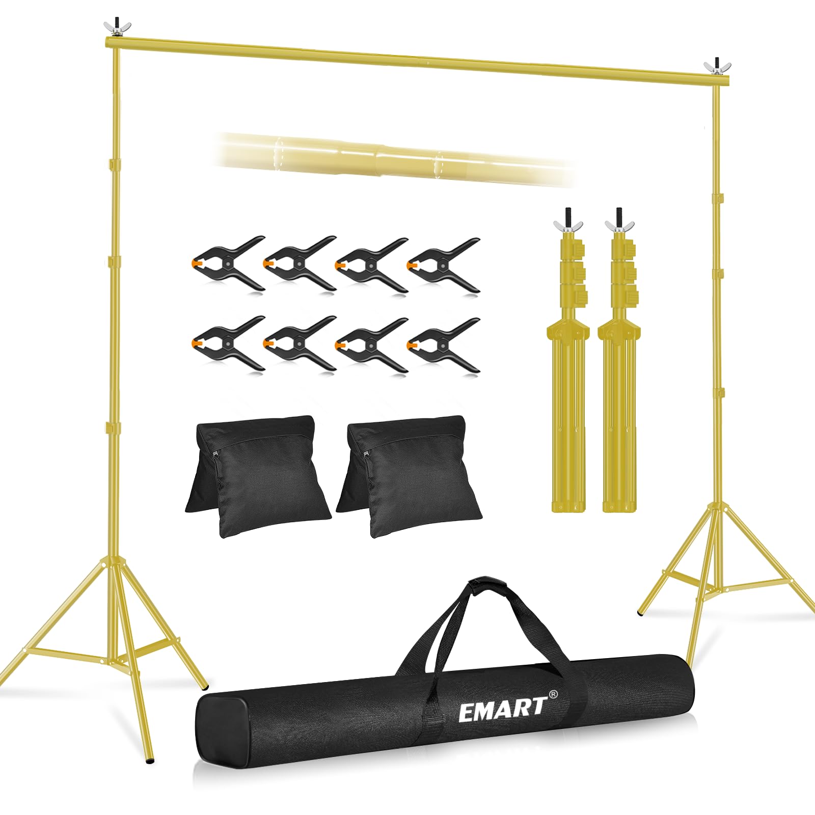 EMART Goldener Foto Hintergrund Ständer, 3x3m Verstellbarer Hintergrundsystem mit 6 Hintergrundklemmen, 2 Sandsack für Fotostudio Porträt Produktfotografie Studiofotografie