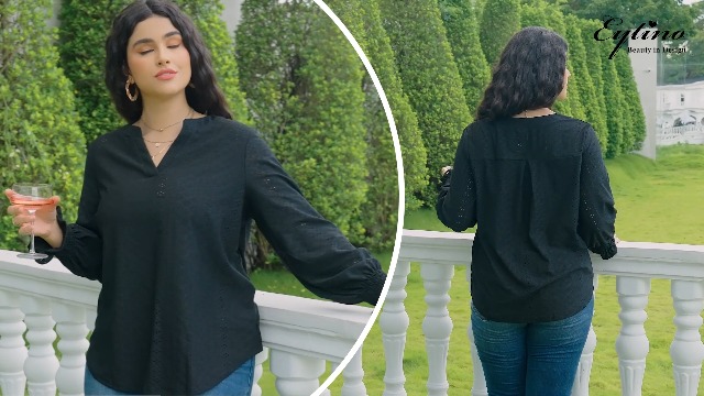 Eytino Women Plus Size Shirts Puff Long Sleeve V Neck Casual
