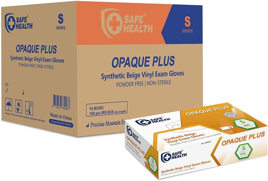 Safe Health Vinyl Synthetic Beige Exam Disposable Gloves, Free of Latex and Powder, Medical Grade