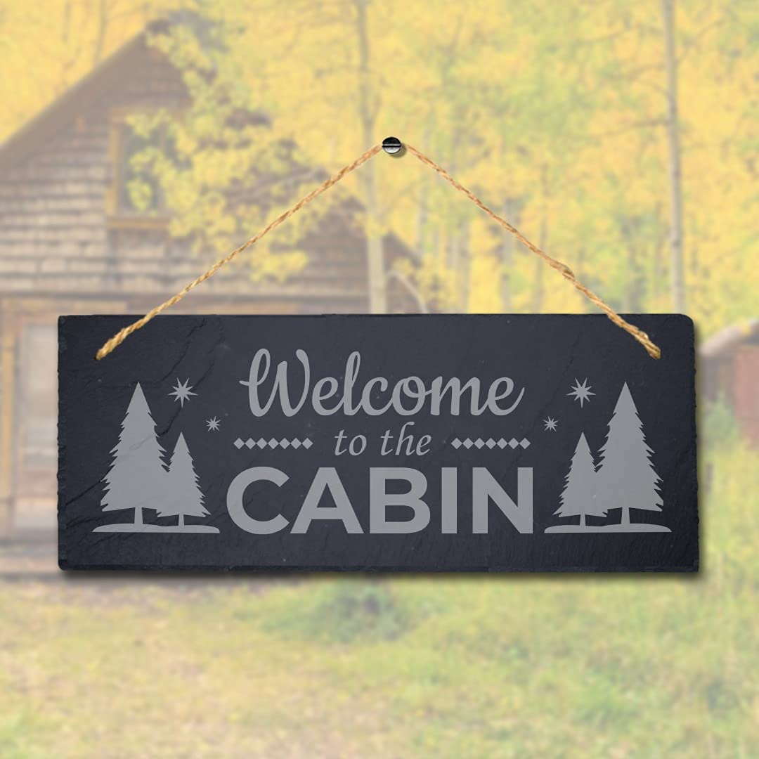 Stukk Welcome to The Cabin Laser Hanging Compartment Home Sign, Natural Engraved Slate Stone Plaque, 30x12cm