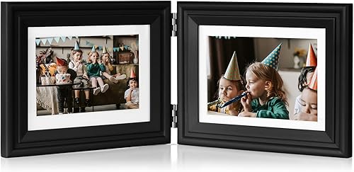 Marco de fotos doble de madera con bisagras horizontales de 5 x 7 pulgadas, marco de fotos plegable con frente de cristal real en negro para mesa,