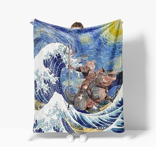 Cat Blanket Starry Night Fleece Throw Blanket Super Soft Warm Cozy Fuzzy Plush Cool Cats Ocean Wave Gifts for Girls Boys Kids Room Decor40 X50