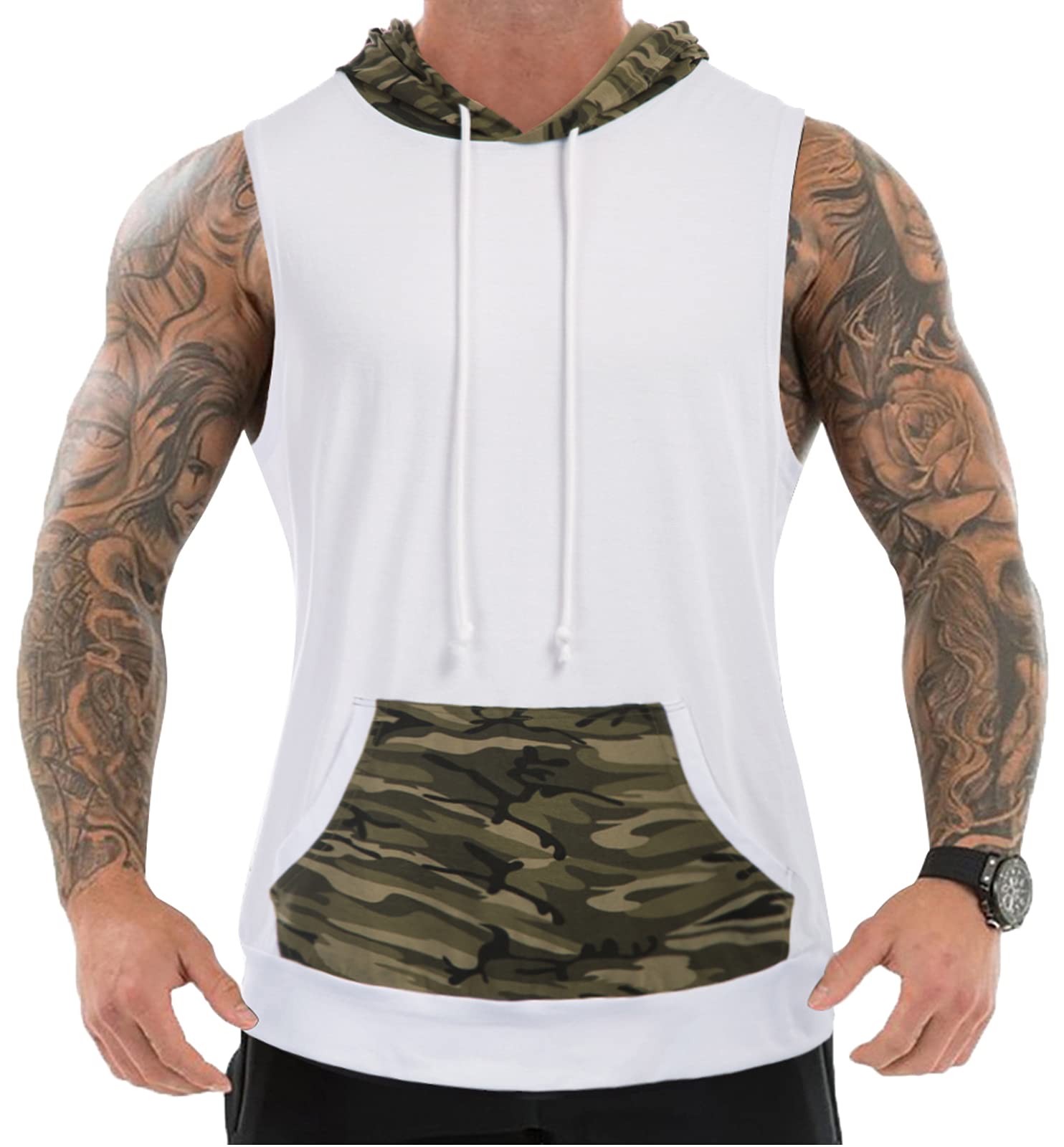 Mens Camouflage Workout Hooded Tank Tops Sleeveless Muscle T Shirt Gym Hoodies