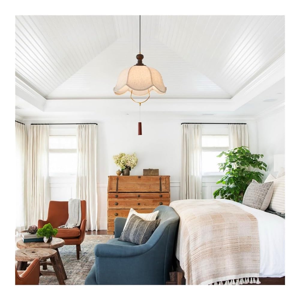Rustic Linen Drum Shade Pendant Light, E27 Hardwired, Retro Fabric Shade 15.7 Inch, Farmhouse Adjustable Ceiling Lighting for Kitchen Island, Dining Bedroom