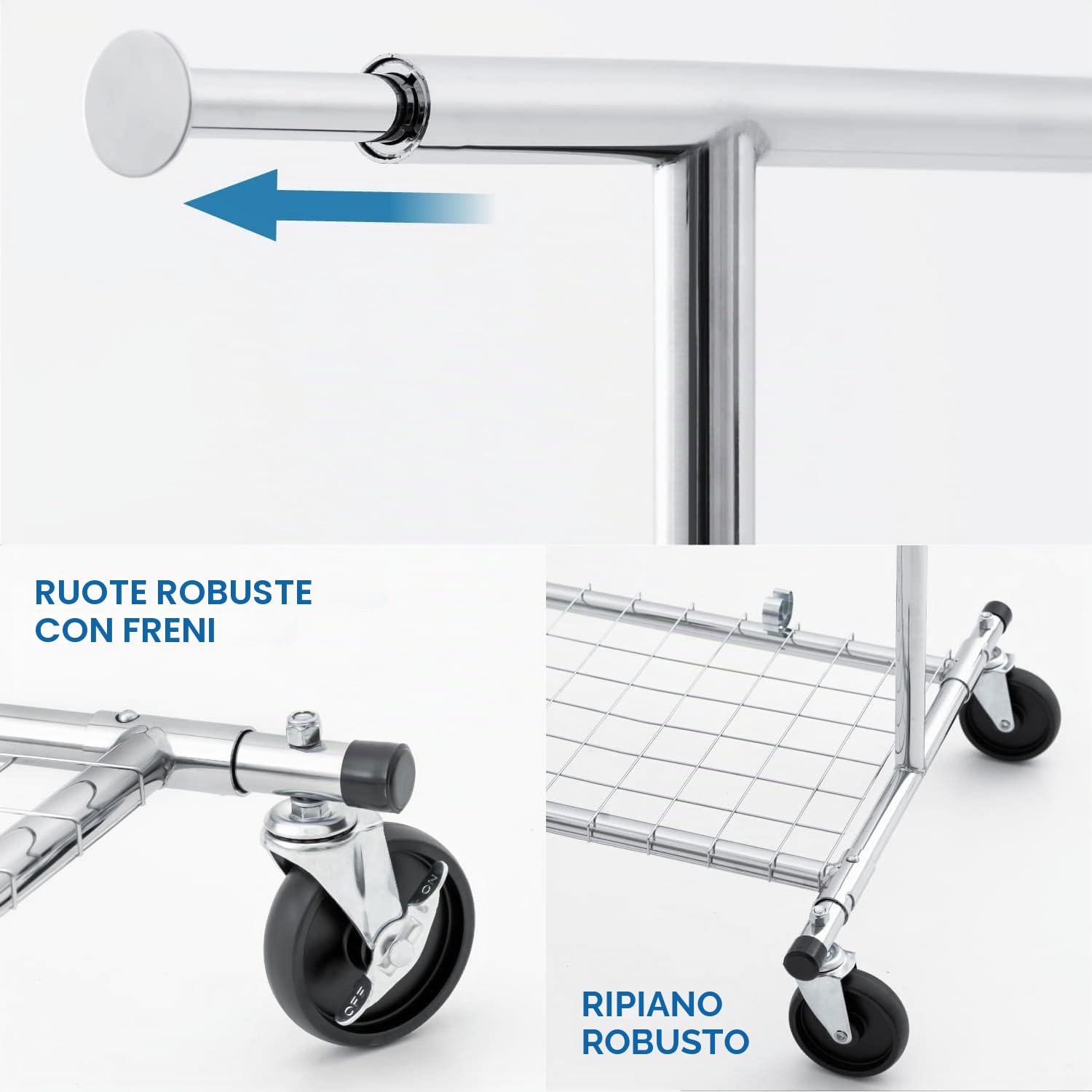Tatkraft Duncan - Robusto Stand Appendiabiti Professionale, Portata 100 kg | Stender Appendiabiti con Ruote, Pieghevole, Regolabile 128-189x107x143-169cm, Montaggio 1 min, con Scarpiera, Acciaio Cromato