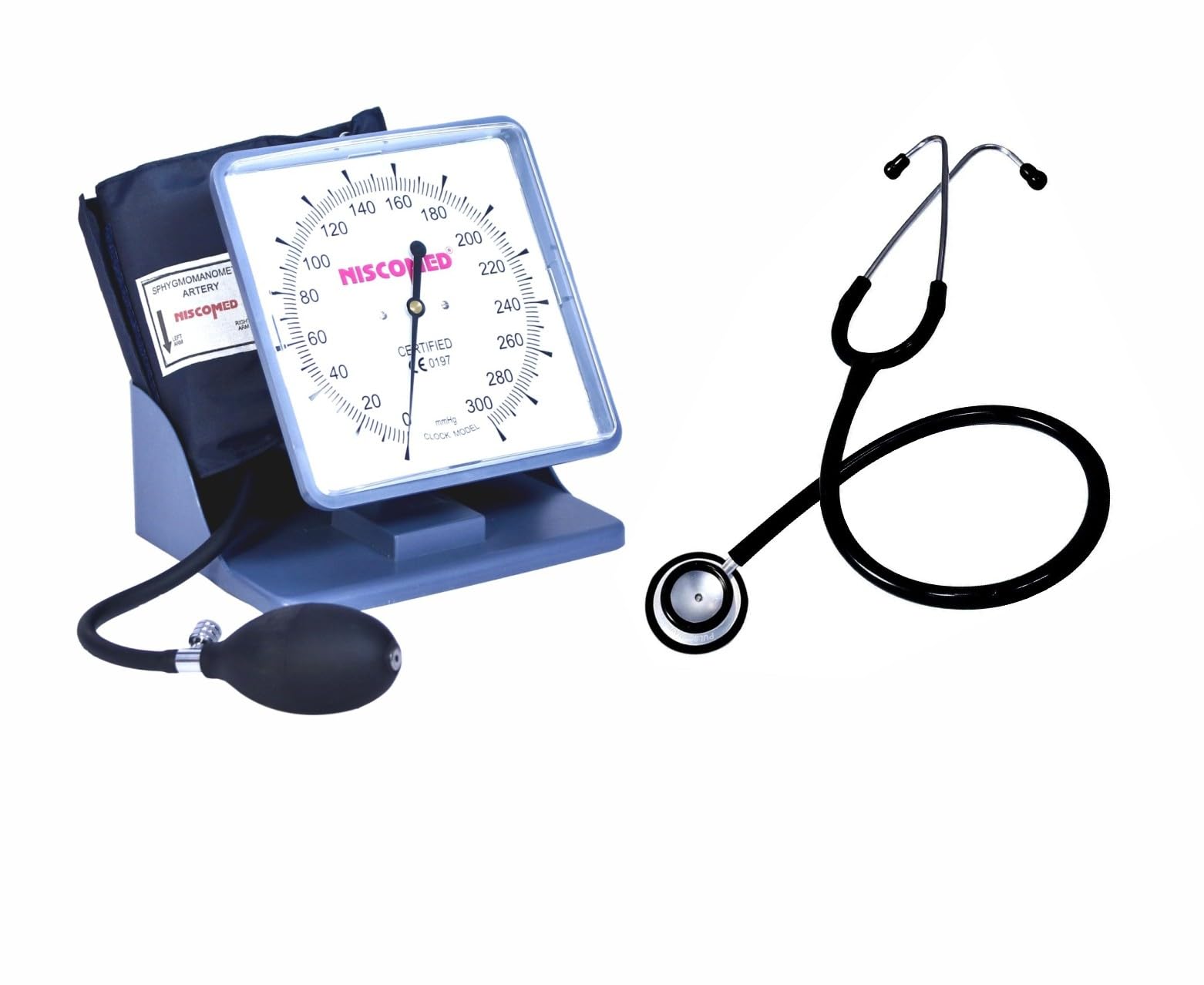 PW-217 Manual Sphygmomanometer Aneroid BP Apparatus - Manual BP Clock Model Blood Pressure Monitor - with Cuff, Bulb and Valve and Black Stethoscope for doctors