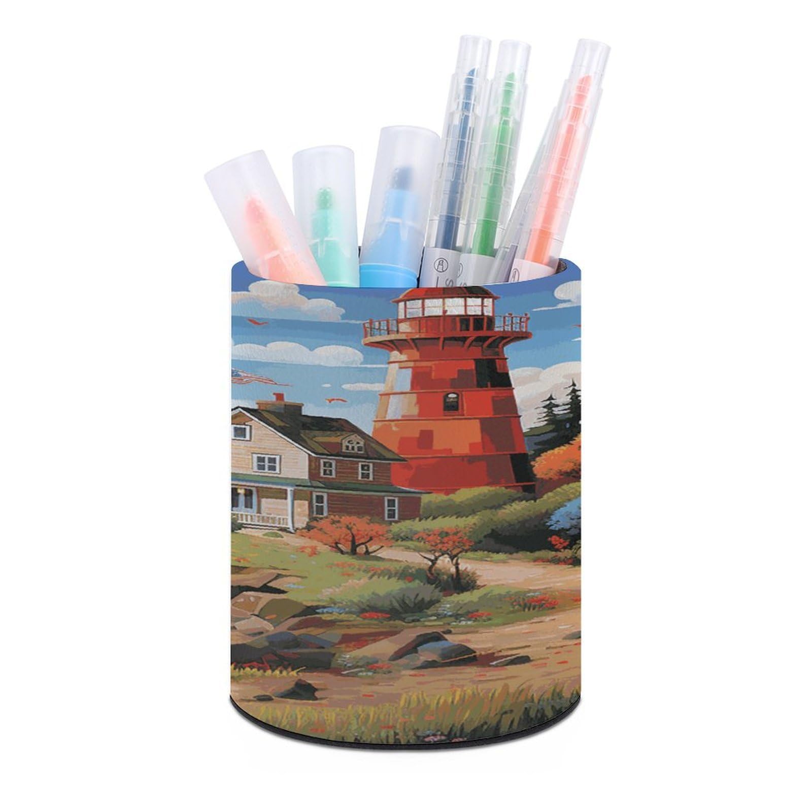 Coastal Lighthouse Pen Holder Multi-Functional Round Pencil Holder Cute Office Decoration Pen Cups Simple Design PU Leather Paintbrush Cups for Home Office Desk