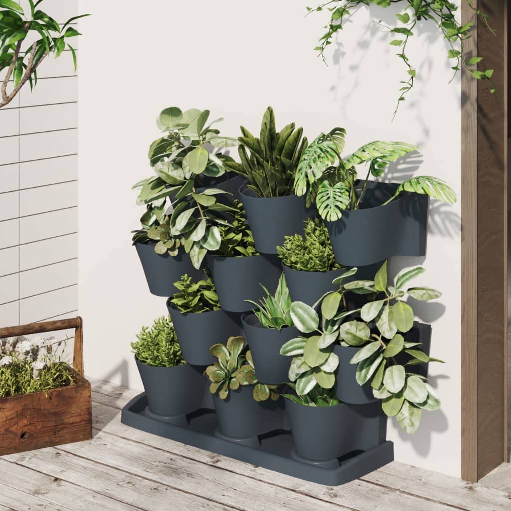 Set di 12 vasi verticali in polipropilene antracite - Vaso da fiori da parete con sistema di irrigazione intelligente - Supporto modulare per erbe, verdure e fiori