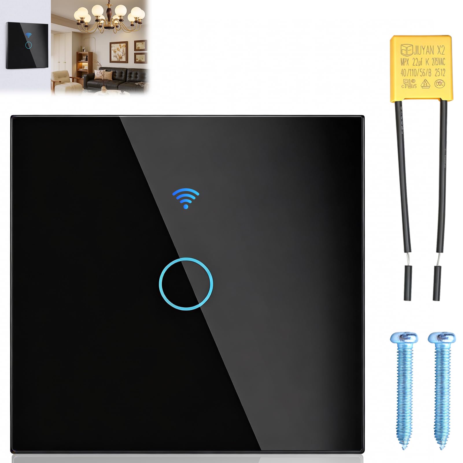 Interruptor Táctil WiFi Interruptor Inteligente 1 Vía 1Gang con Alexa Google Home Montaje Empotrado Smart Interruptor Lampara Pared Tactil Sin Neutro con Smart Life Tuya App Control Negro