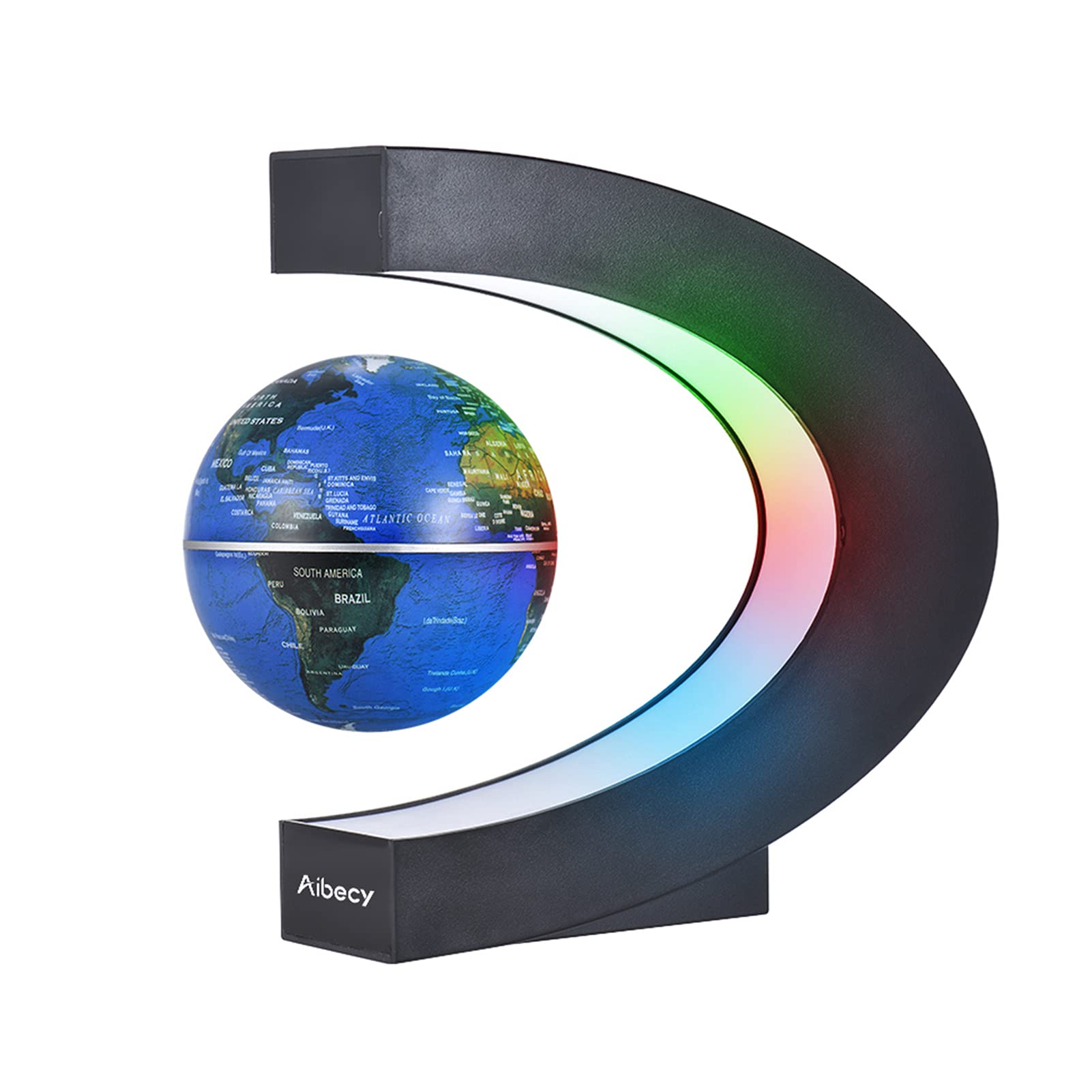 Fadawe World Map Globes Decoration,Creative 3 Inch C Shaped Levitation World Map Globe With Led Color Lights For Home Office Desk Decoration Teaching Demo