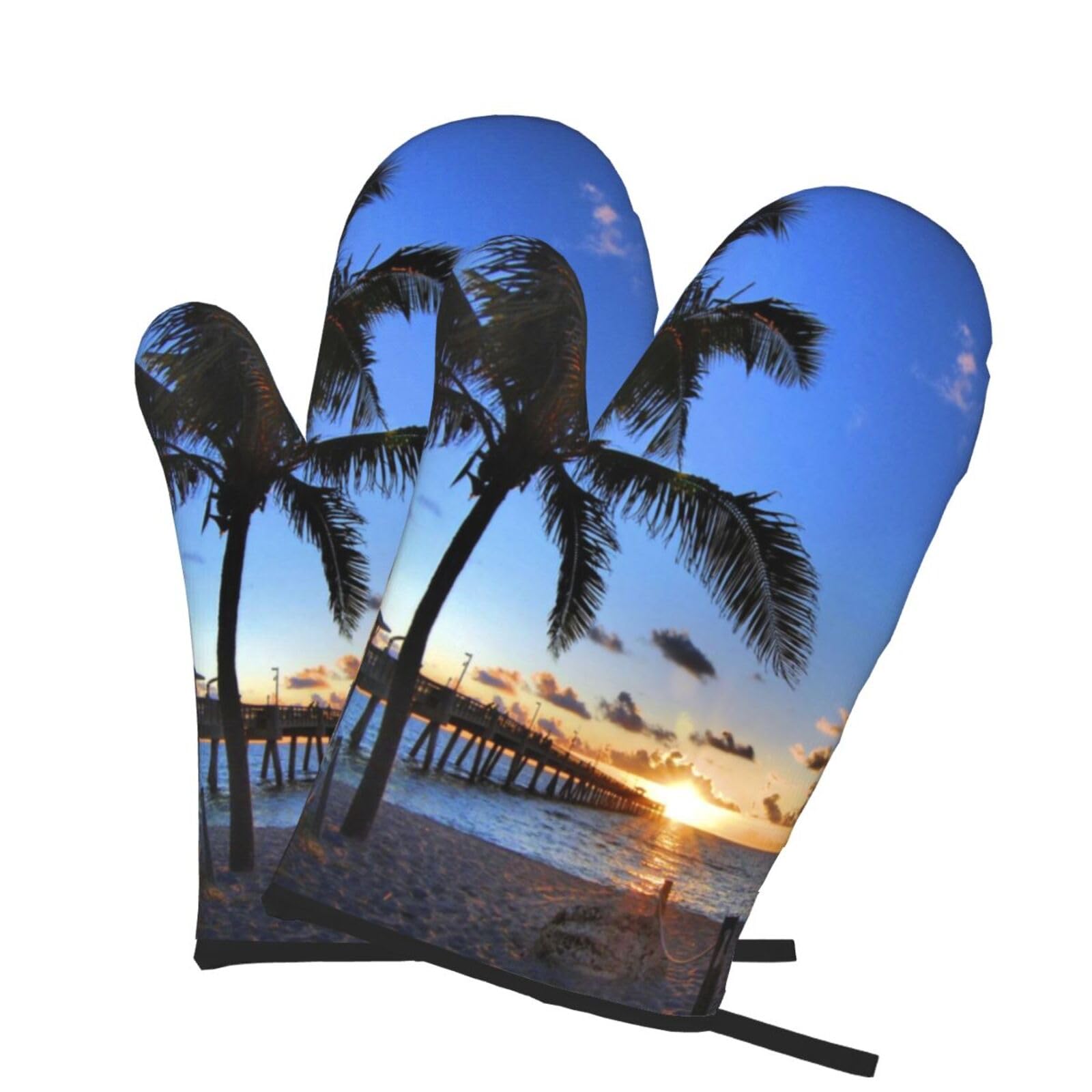 Oven Mitts Set of 2 Pcs, Sunrise seaside Palm Tree Prints Heat Resistant Kitchen Gloves for Cooking Baking Grilling