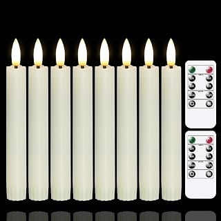 Battery Operated Flameless Taper Candles with Two Remote Timer, 6.4" LED 3D-Wick Window Candles, Flickering Long-Lasting Warm Light Electric Pack of 8 Flameless Candlesticks (0.78" Dia, Ivory)