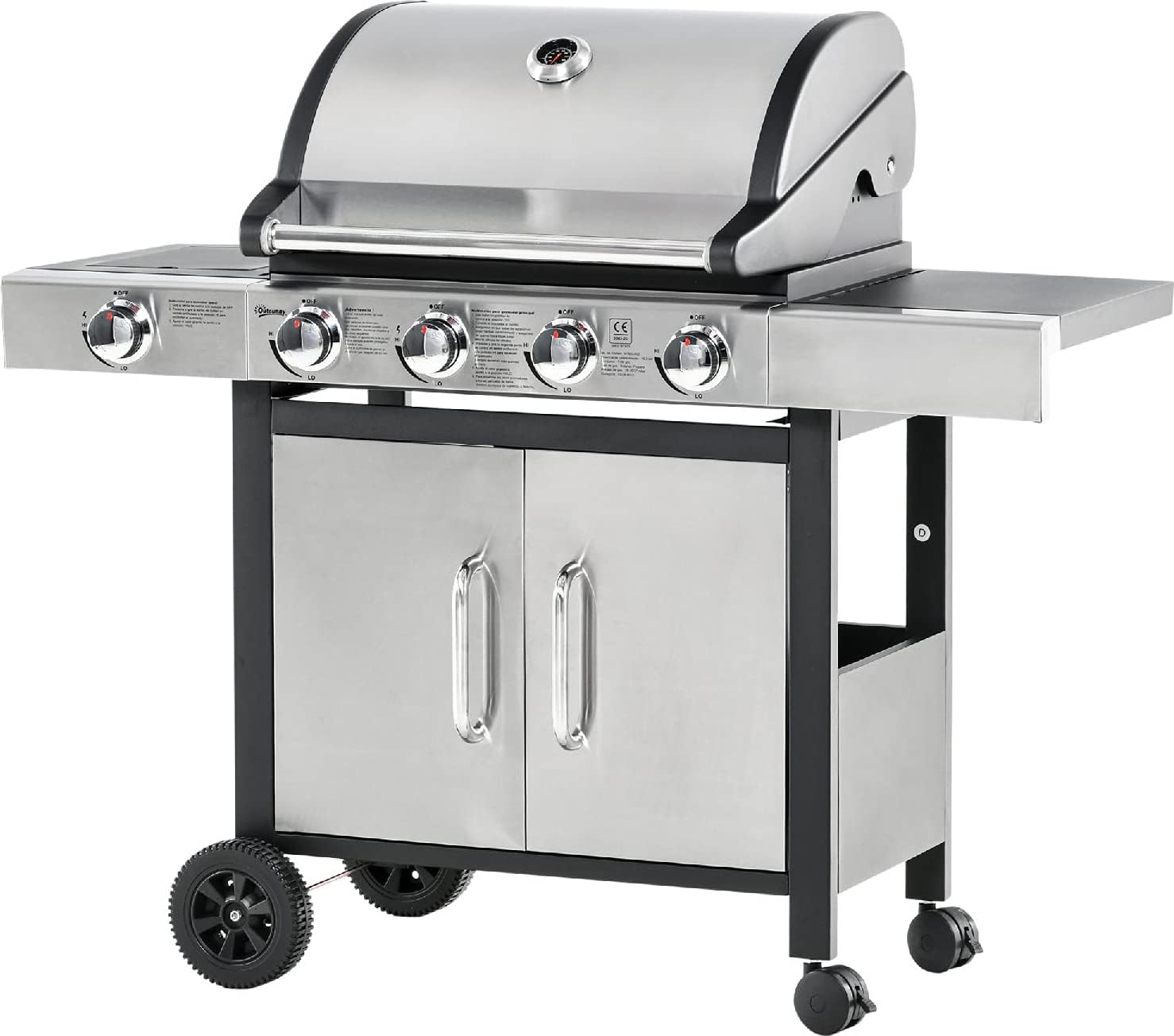 Outsunny Barbecue Gas con Coperchio e 5 Bruciatori Totali da 15.2kW, Termometro, Mensola e 4 Ruote, 128x50x113cm Nero e Acciaio Outsunny Barbecue Gas con Coperchio e 5 Bruciatori Totali da 15.2kW, Termometro, Mensola e 4 Ruote, 128x50x113cm Nero e Acciaio