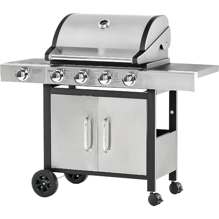 Immagine del prodotto Outsunny Barbecue Gas con Coperchio e 5 Bruciatori Totali da 15.2kW, Termometro, Mensola e 4 Ruote, 128x50x113cm Nero e Acciaio