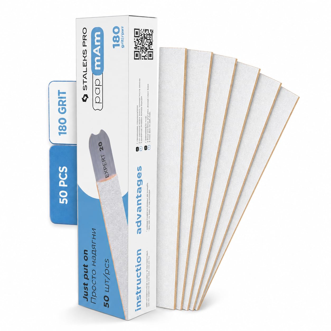 File White Disposable papmAm for Straight Nail File Staleks Pro Expert 22, 100/150/180/240 grit (50 pcs) New (180 grit)