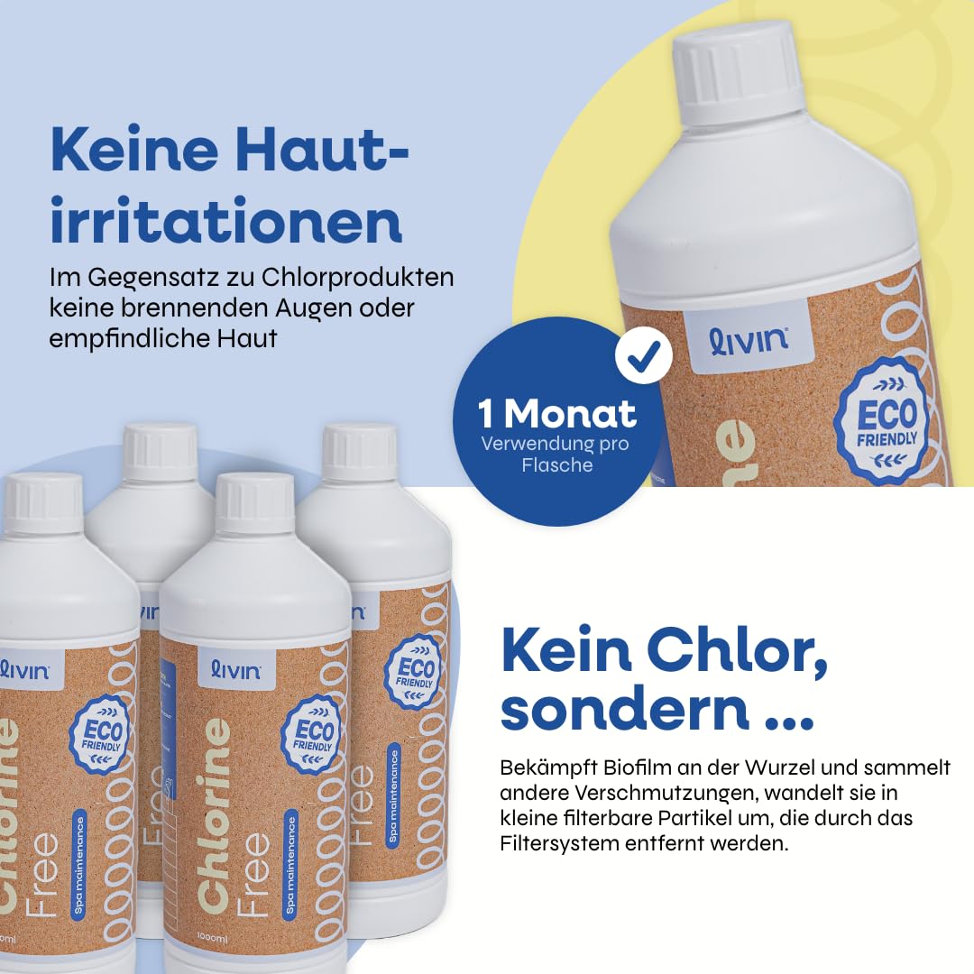 LIVIN Wasserreiniger - 1L* 4 Zuverlässige Wasserpflege und Reinigung für Whirlpools- Badewannen Whirlpool- Reinigungsset & Spa Wasserreiniger